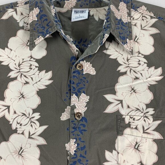 Old Navy Mens Size Large Hawaiian Button Up Shirt Tropical Gray Floral Beach - Picture 7 of 9
